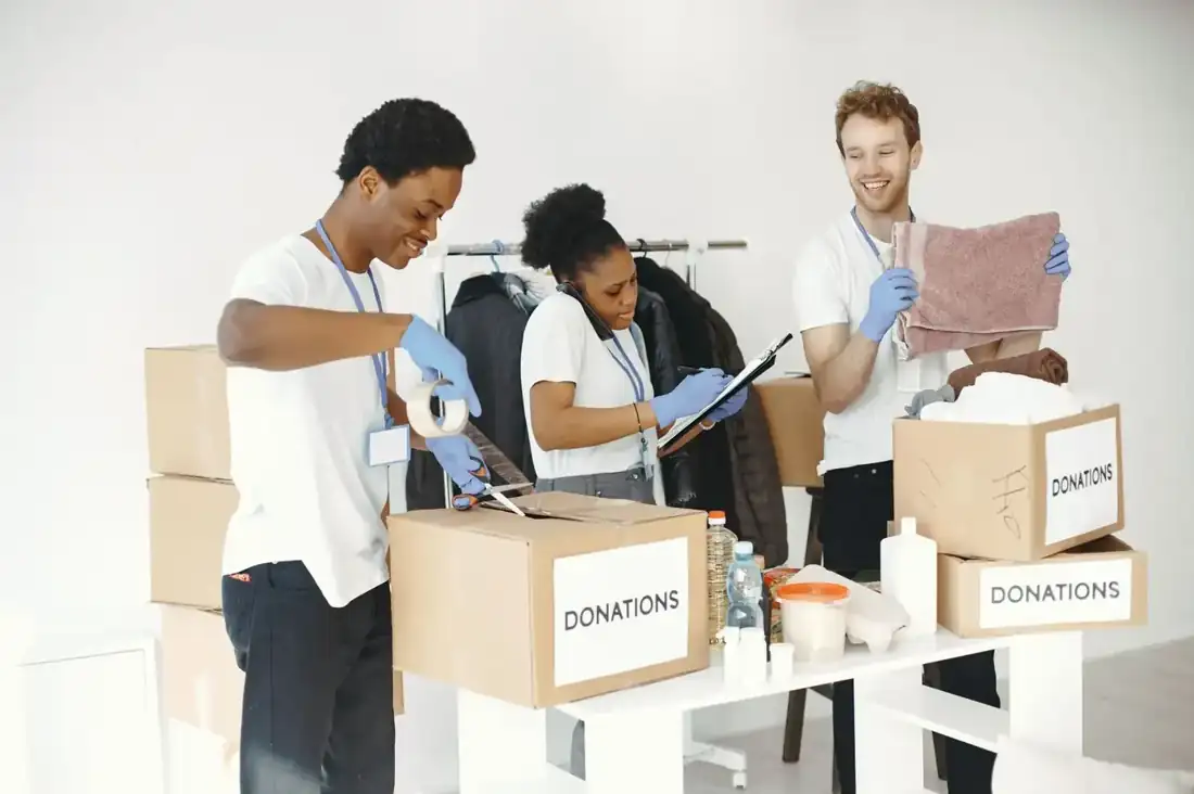 Volunteers packing boxes