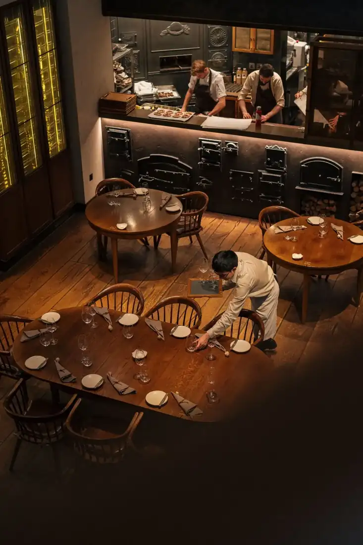 The dining room set for a private dinner