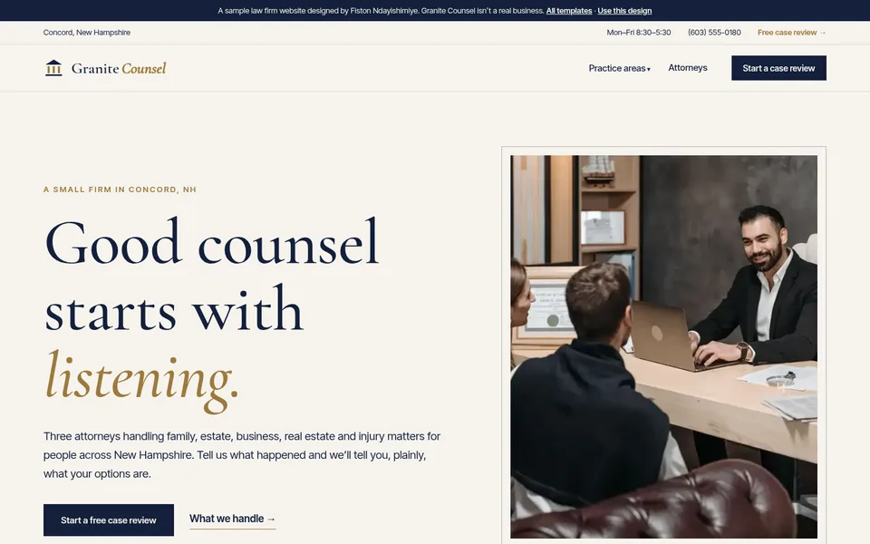 Home page of the Granite Counsel sample site
