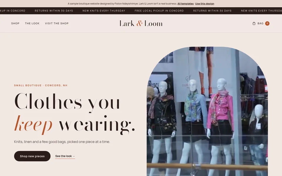 Home page of the Lark & Loom sample site